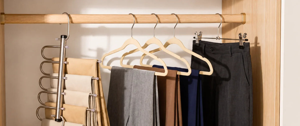 Pantalons suspendus sur trois systèmes de cintres différents dans une penderie : cascade, barre courte et pinces Image