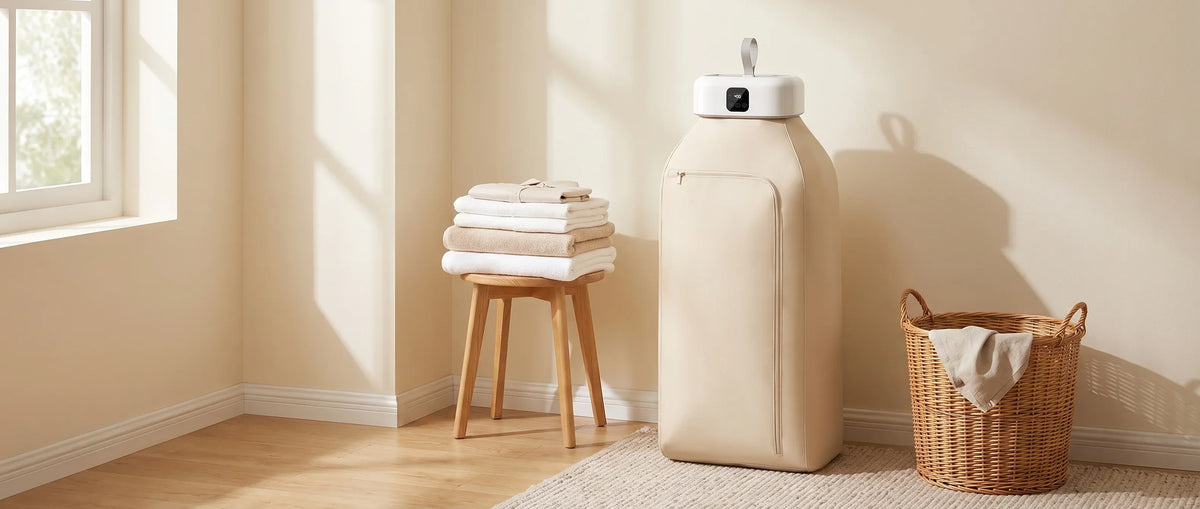 Étendoir chauffant portable à housse installé dans une chambre près d'une pile de linge plié Image