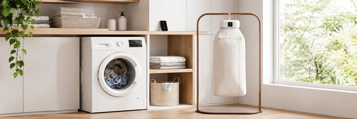 Comparaison visuelle entre un étendoir chauffant capsule sur pied et une machine à laver traditionnelle Image