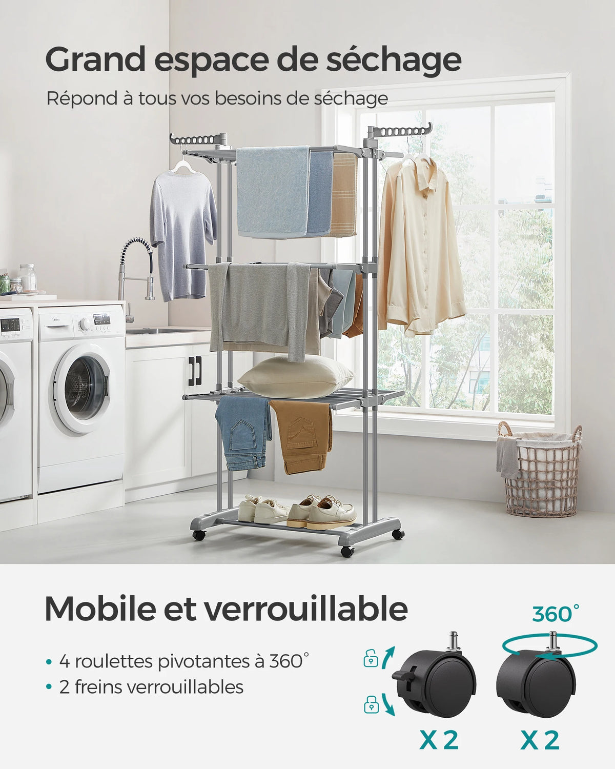 Étendoir tour pliable 4 niveaux à roulettes