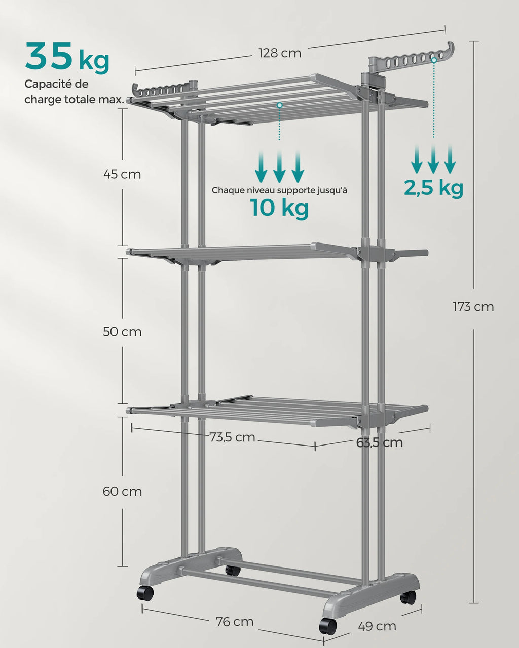 Étendoir tour pliable 4 niveaux à roulettes