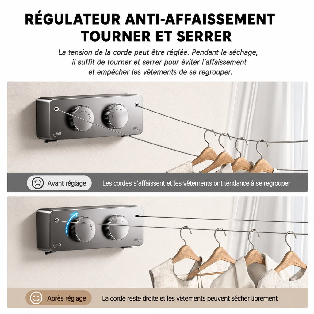 Corde à linge compacte murale rétractable double fil