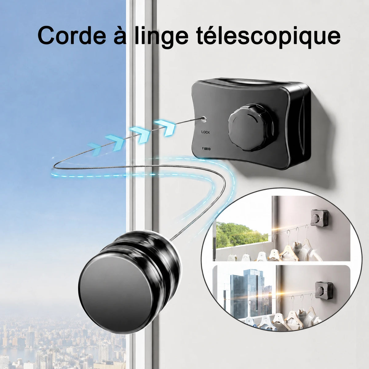 Corde à linge orientable murale rétractable simple fil