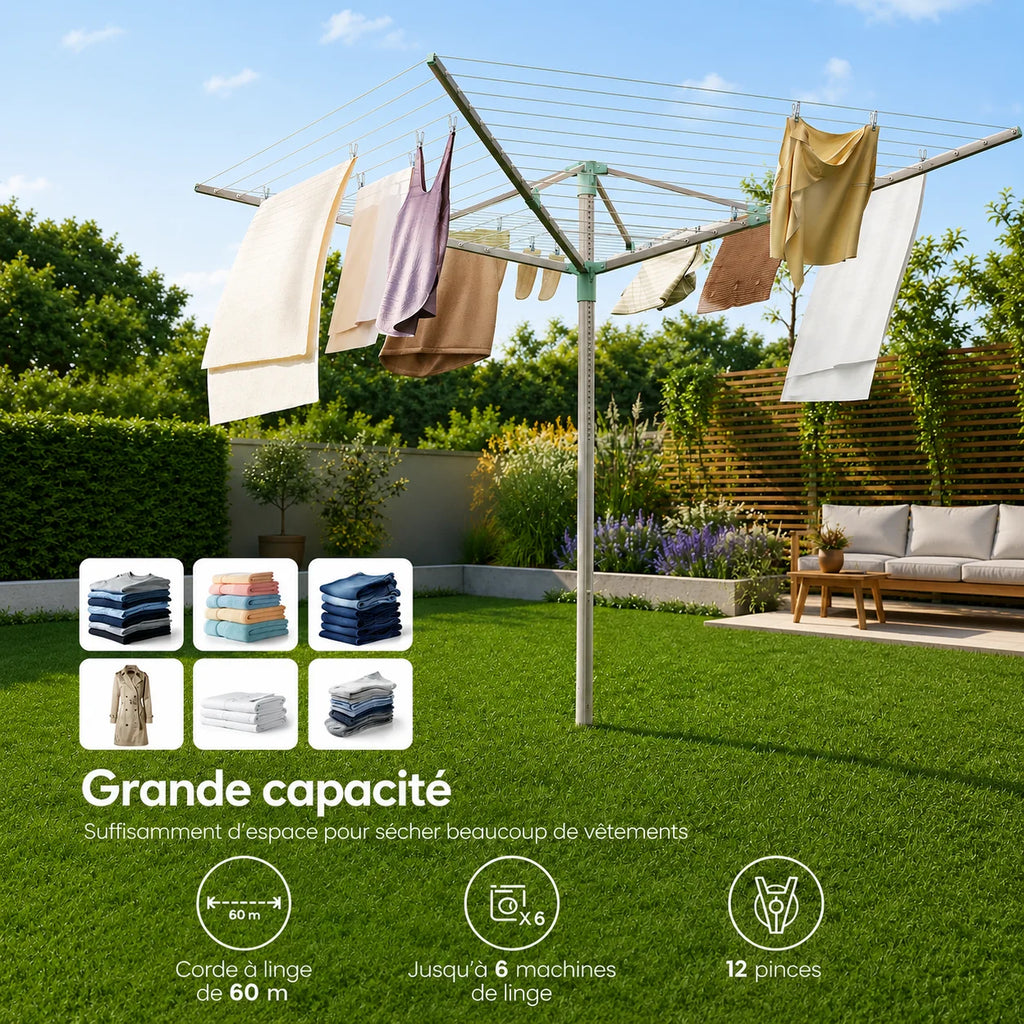 Étendoir à linge extérieur parapluie 60m piquet de sol