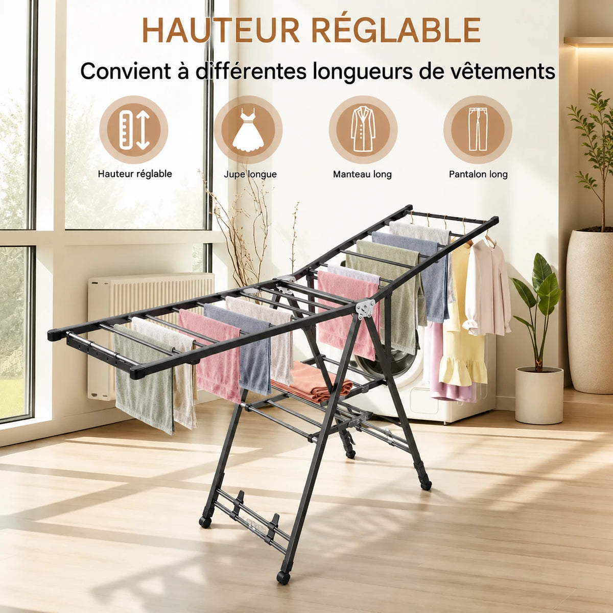 Étendoir pliable ailes inclinables roulettes — vue détaillée