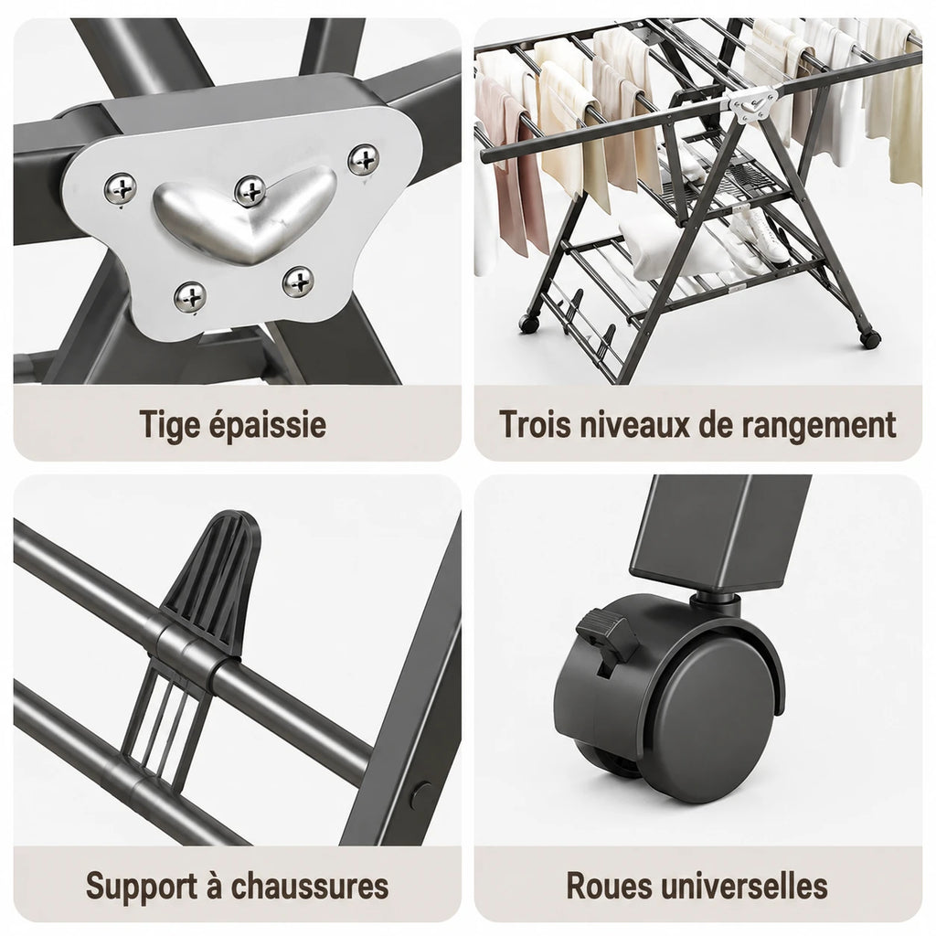 Étendoir pliable ailes inclinables roulettes — vue 3