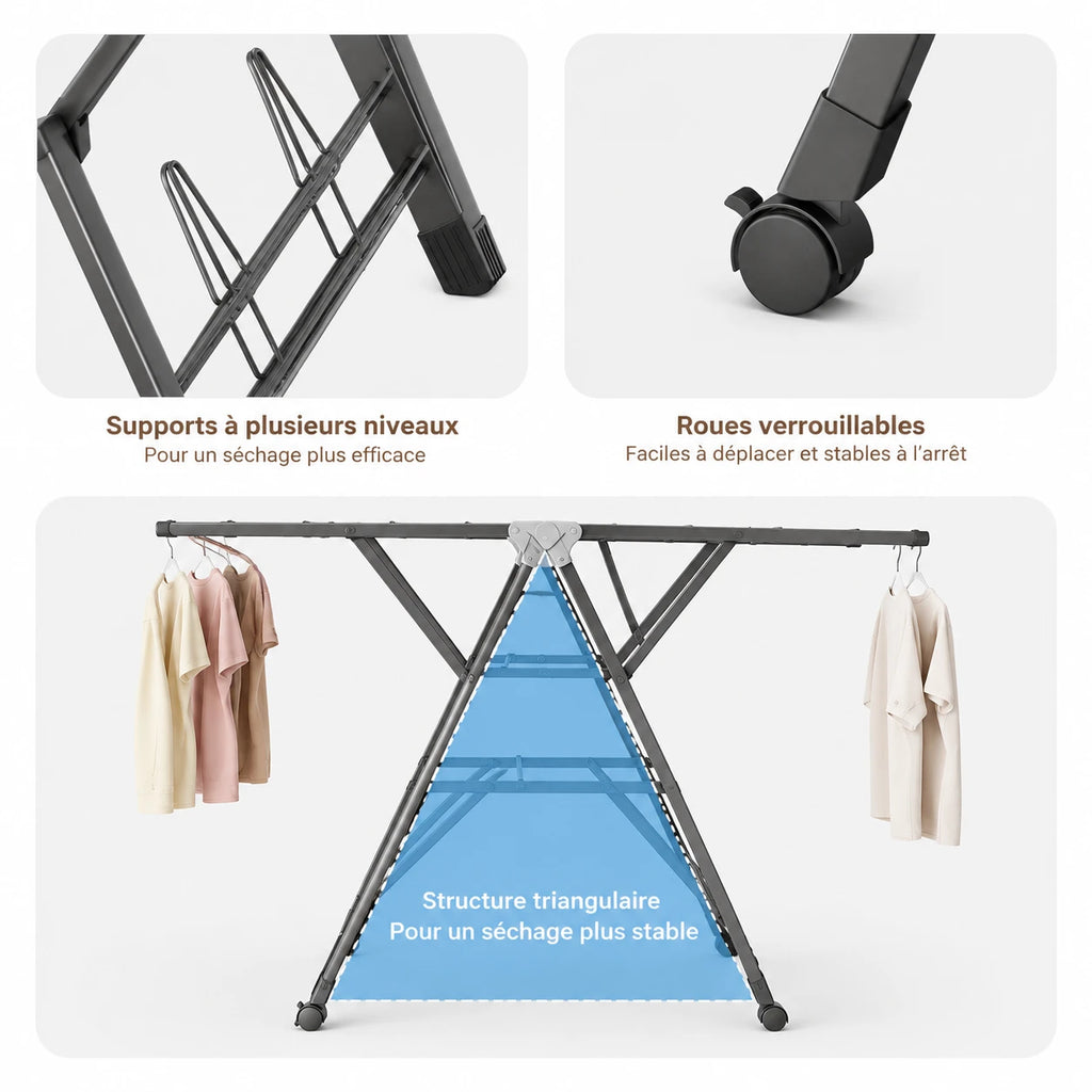 Étendoir pliable ailes inclinables roulettes — vue 5