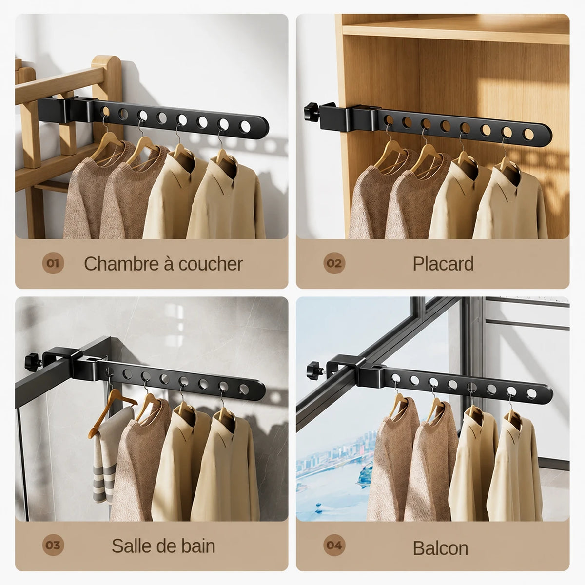 Étendoir balcon barre pliable fenêtre — vue détaillée