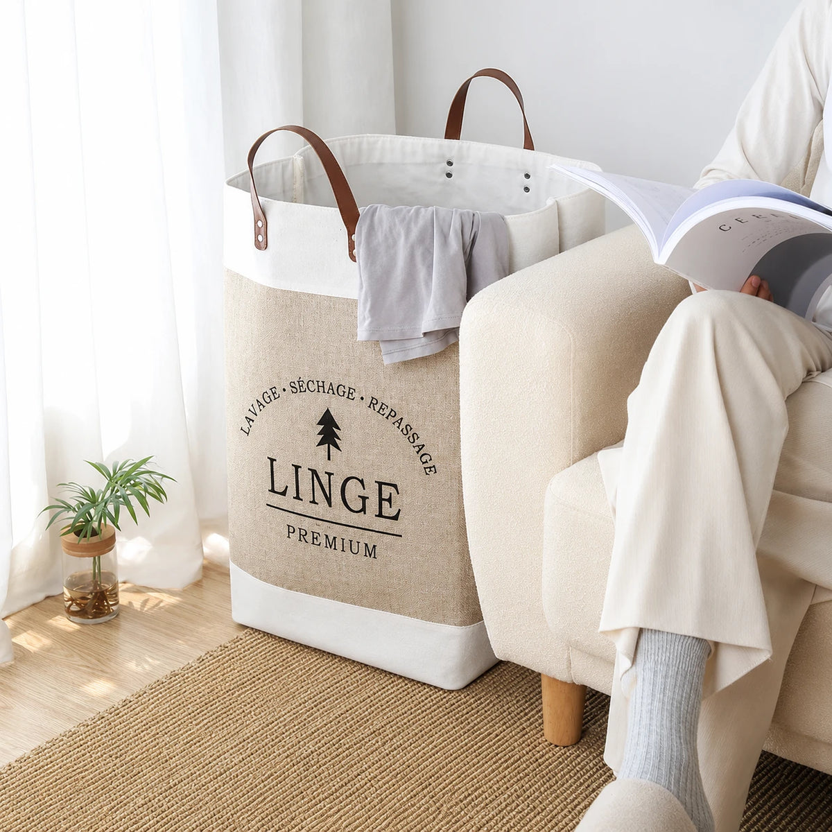Panier à linge en coton naturel off-white — vue 3