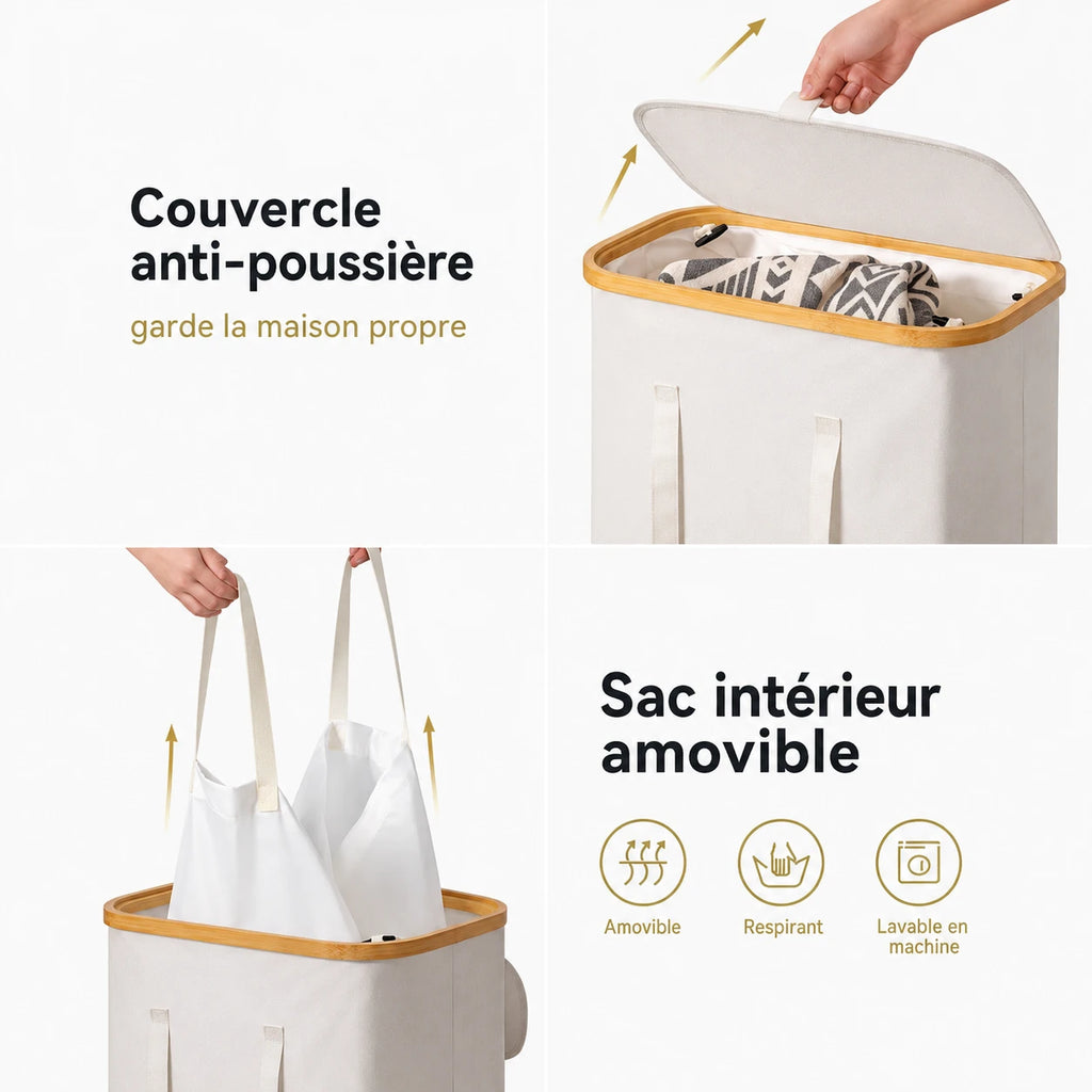 Panier à linge rectangulaire à roulettes sac amovible 60 ou 100L