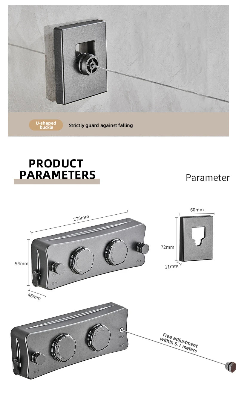 Corde à linge orientable murale – rétractable simple fil