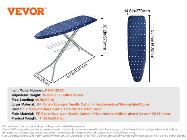 SucceBuy Full Size Ironing Boards 4/3 Layers Heat Resistant Height Adjustable Foldable Legs with Removable and Washable Cover