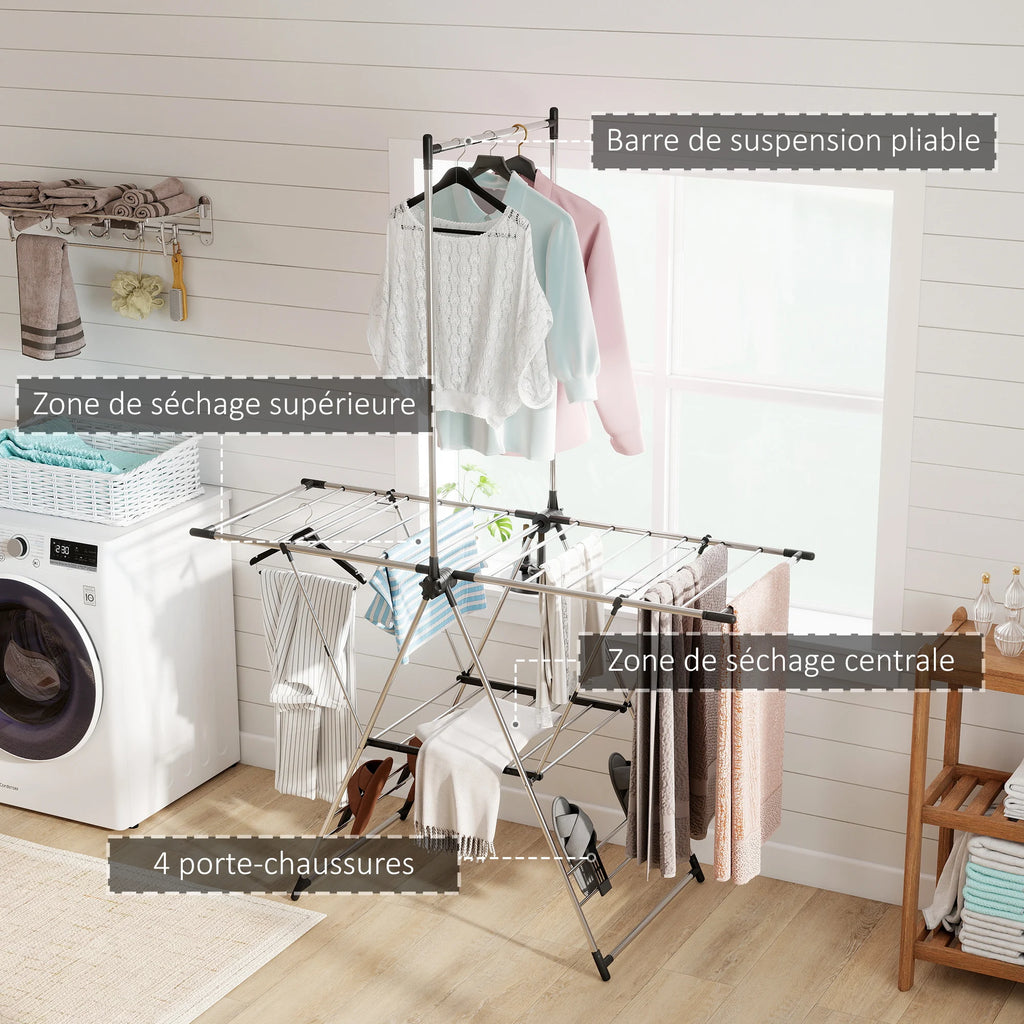 Étendoir à linge pliable 2 niveaux – barre suspension haute