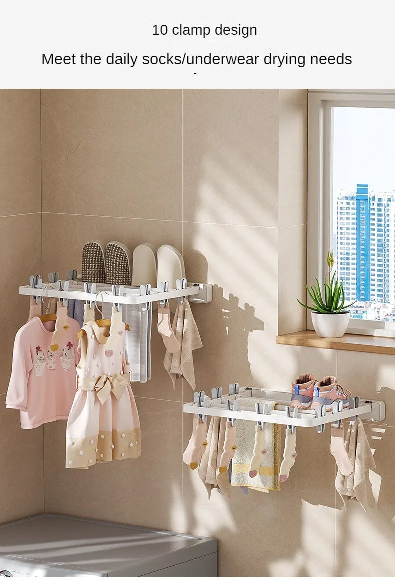 Étendoir à linge mural adhésif rabatable - pinces intégrées