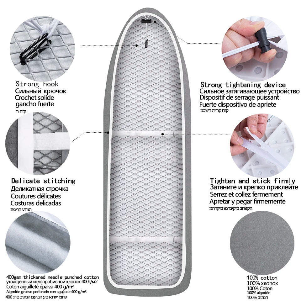 Ironing Board Cover Scorch Resistant, Cotton Cloth Ironing Cover with Padding Heat Reflective Heavy Duty Pad 140x50cm