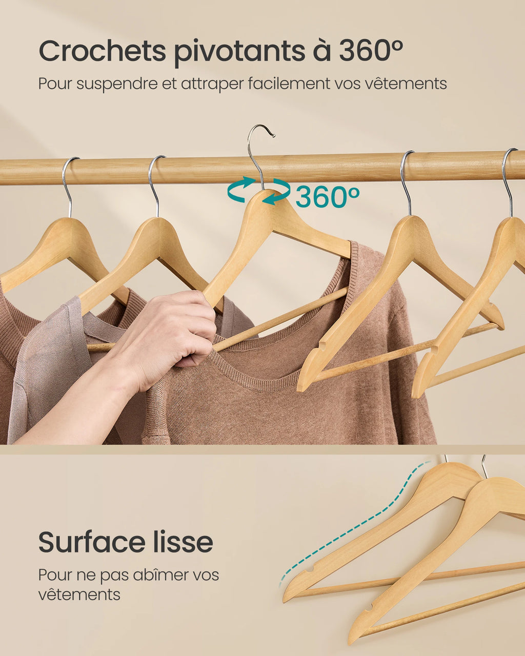 Cintres bois de bouleau slim – lot de 20 naturels SONGMICS