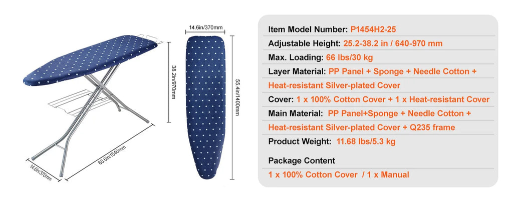 SucceBuy Full Size Ironing Boards 4/3 Layers Heat Resistant Height Adjustable Foldable Legs with Removable and Washable Cover
