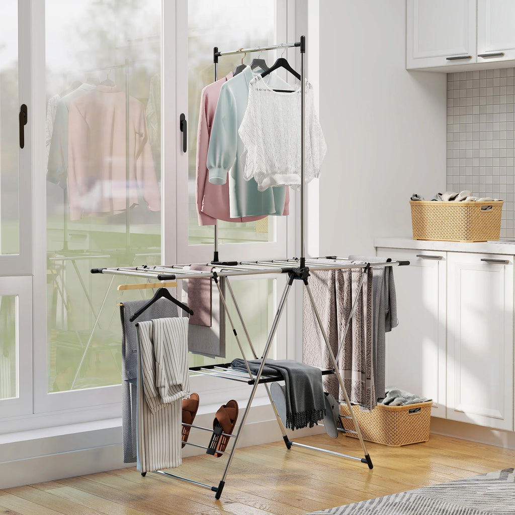 Étendoir à linge pliable 2 niveaux – barre suspension haute