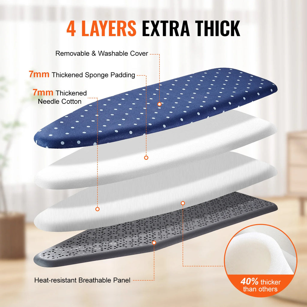 SucceBuy Full Size Ironing Boards 4/3 Layers Heat Resistant Height Adjustable Foldable Legs with Removable and Washable Cover