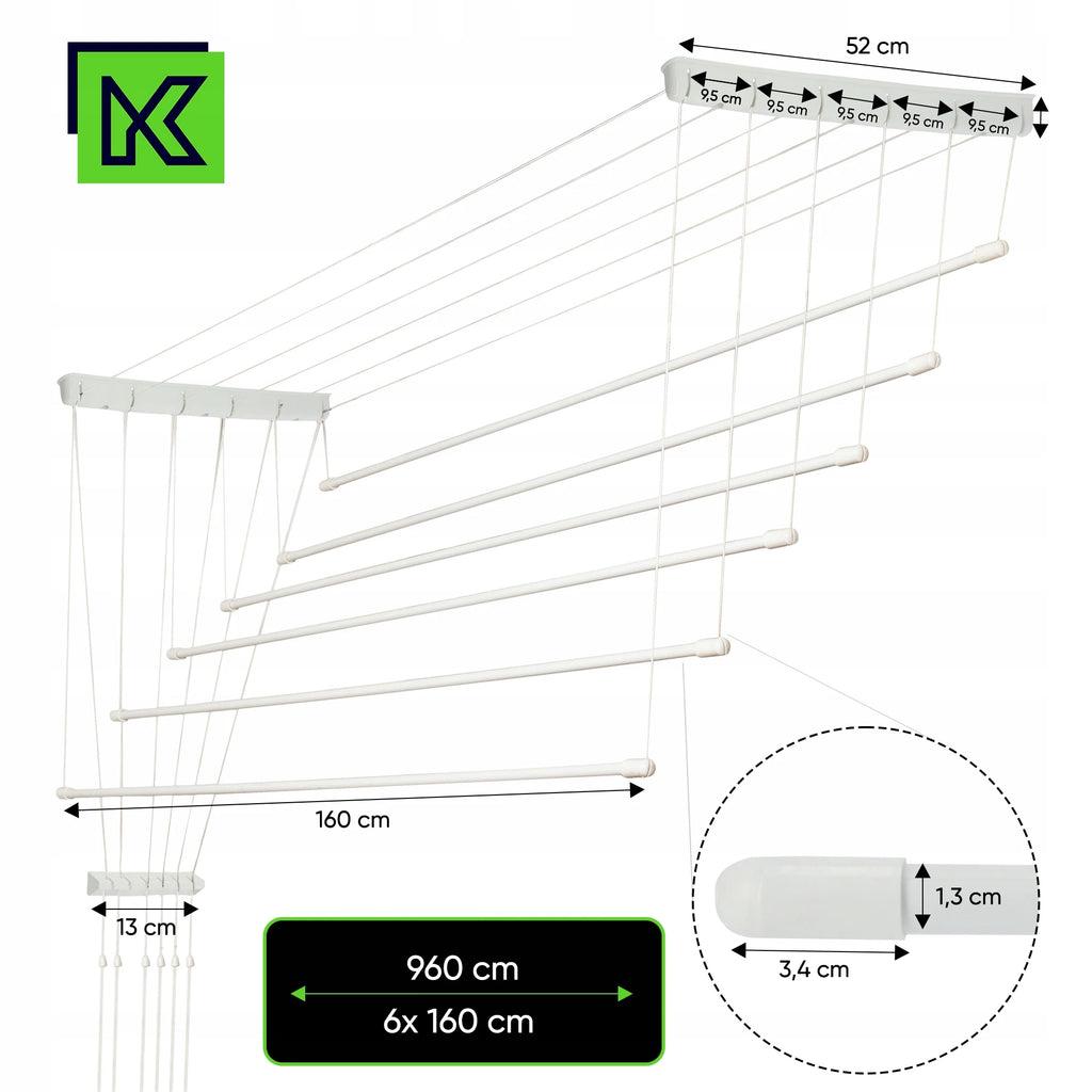 Étendoir plafond manuel à cordes – 6 barres acier 190 cm