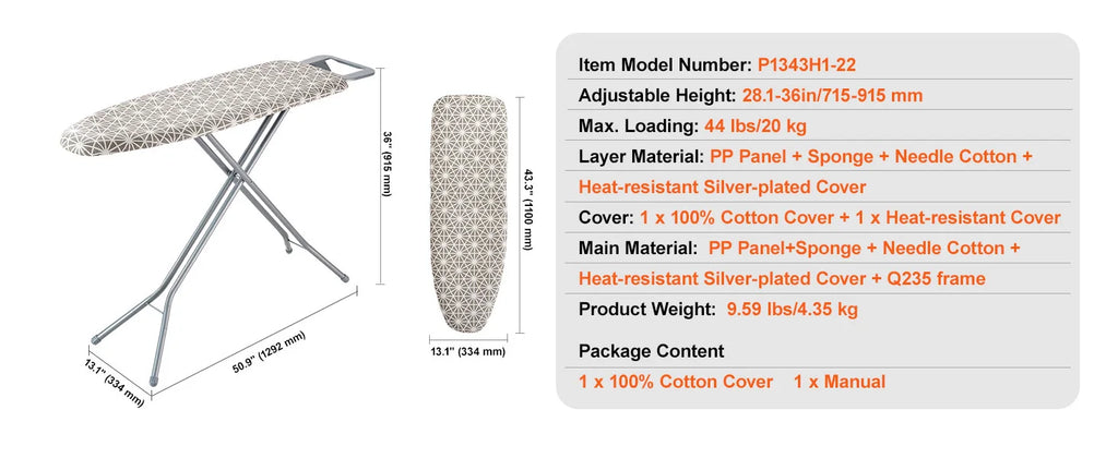 SucceBuy Full Size Ironing Boards 4/3 Layers Heat Resistant Height Adjustable Foldable Legs with Removable and Washable Cover
