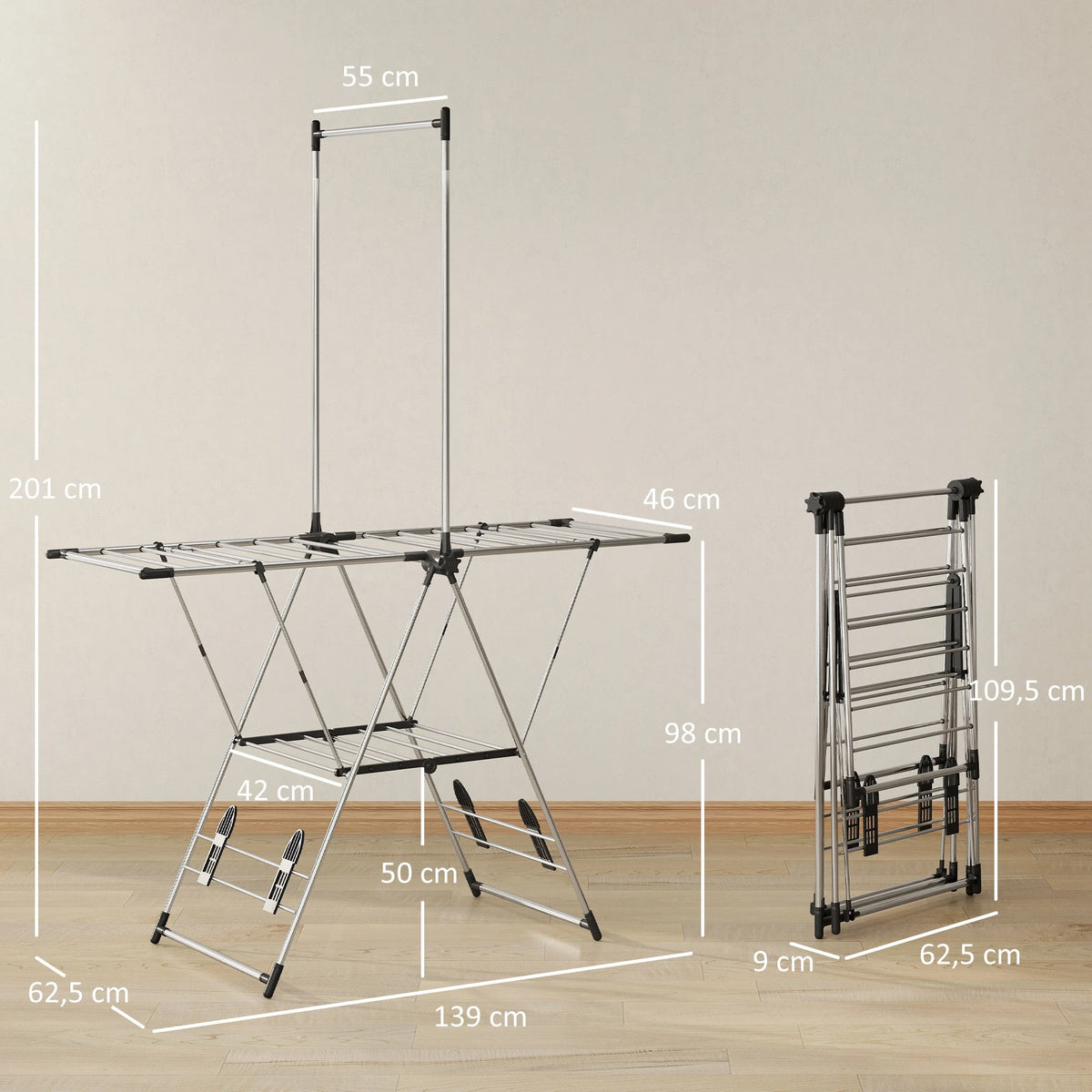 Étendoir à linge pliable 2 niveaux – barre suspension haute