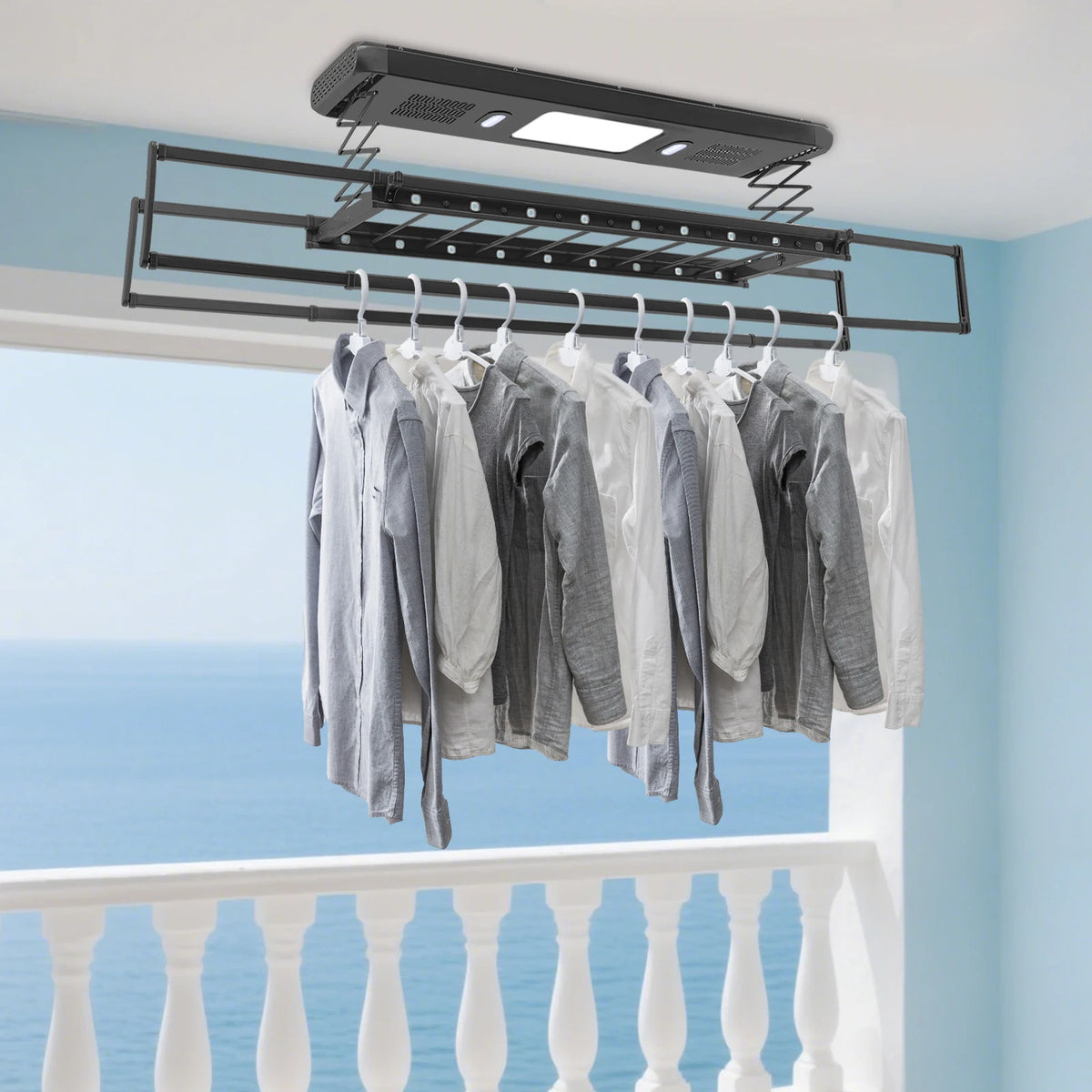 Étendoir plafond électrique LED – ventilation et télécommande