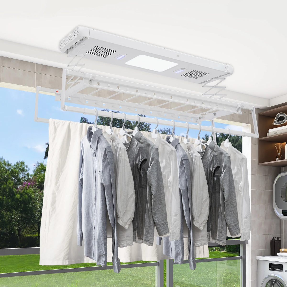 Étendoir plafond électrique LED – ventilation et télécommande