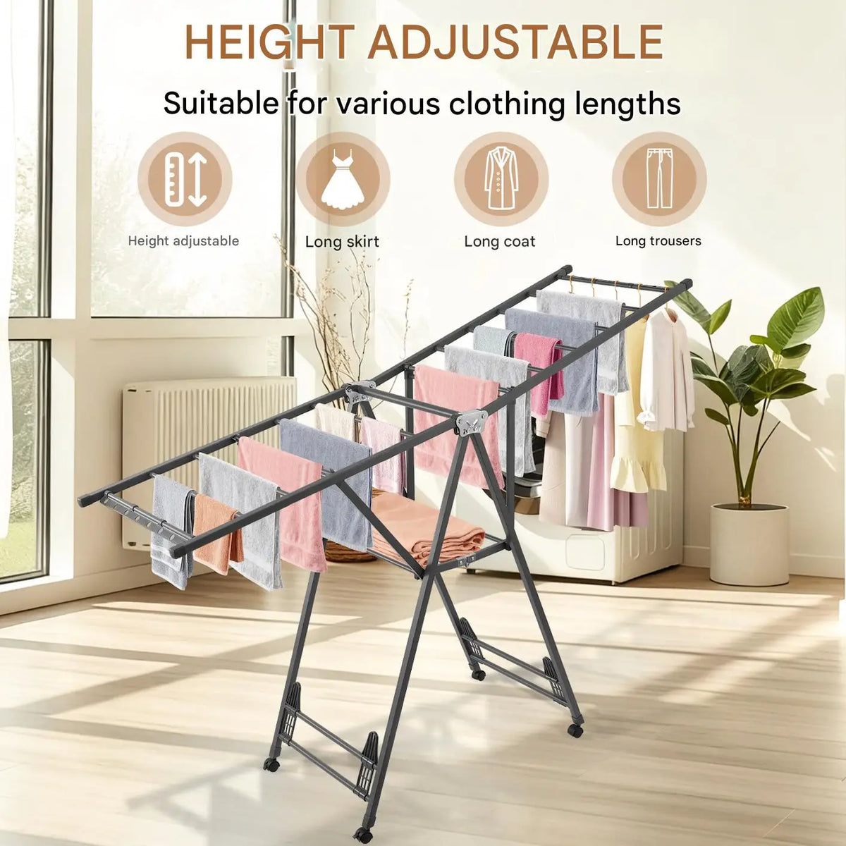 Étendoir à linge pliable sur pied – ailes inclinables roulettes