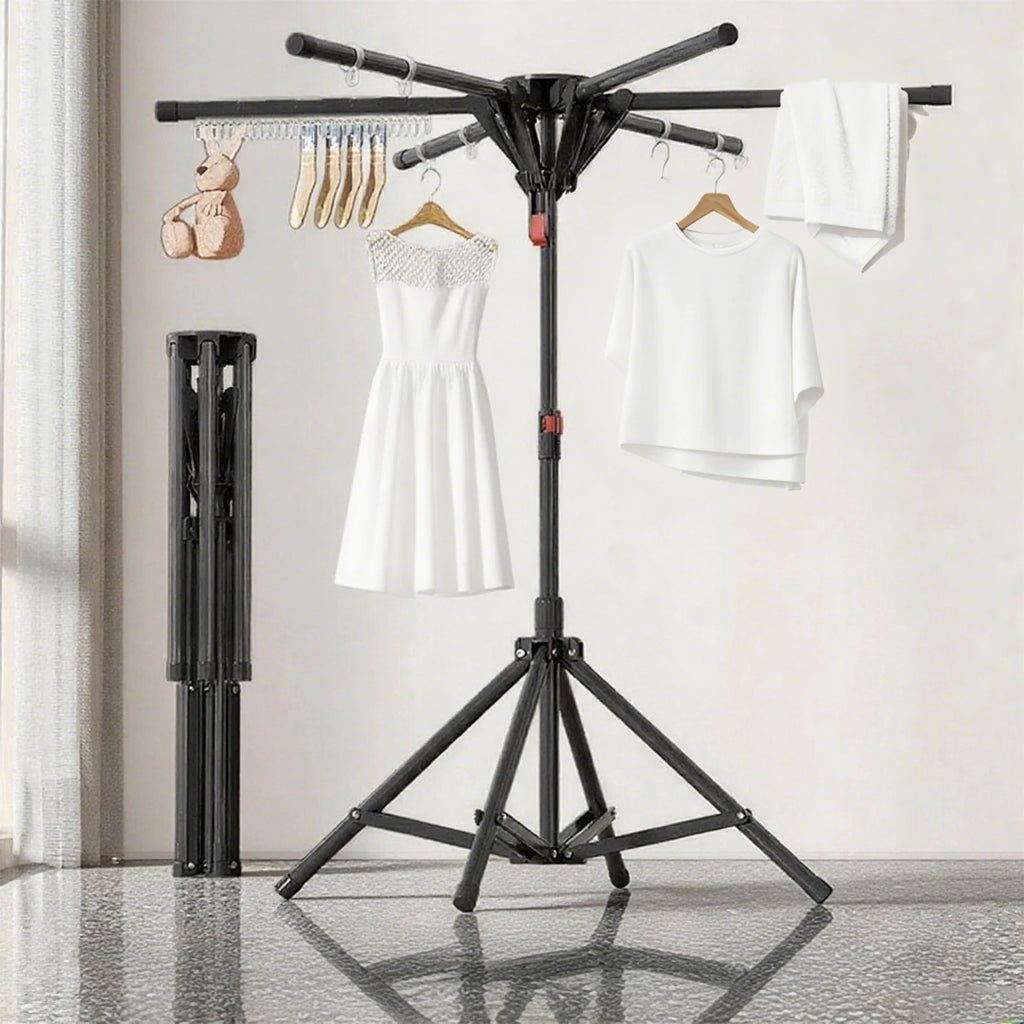 Séchoir parapluie pliable sur pied – acier noir 6 bras