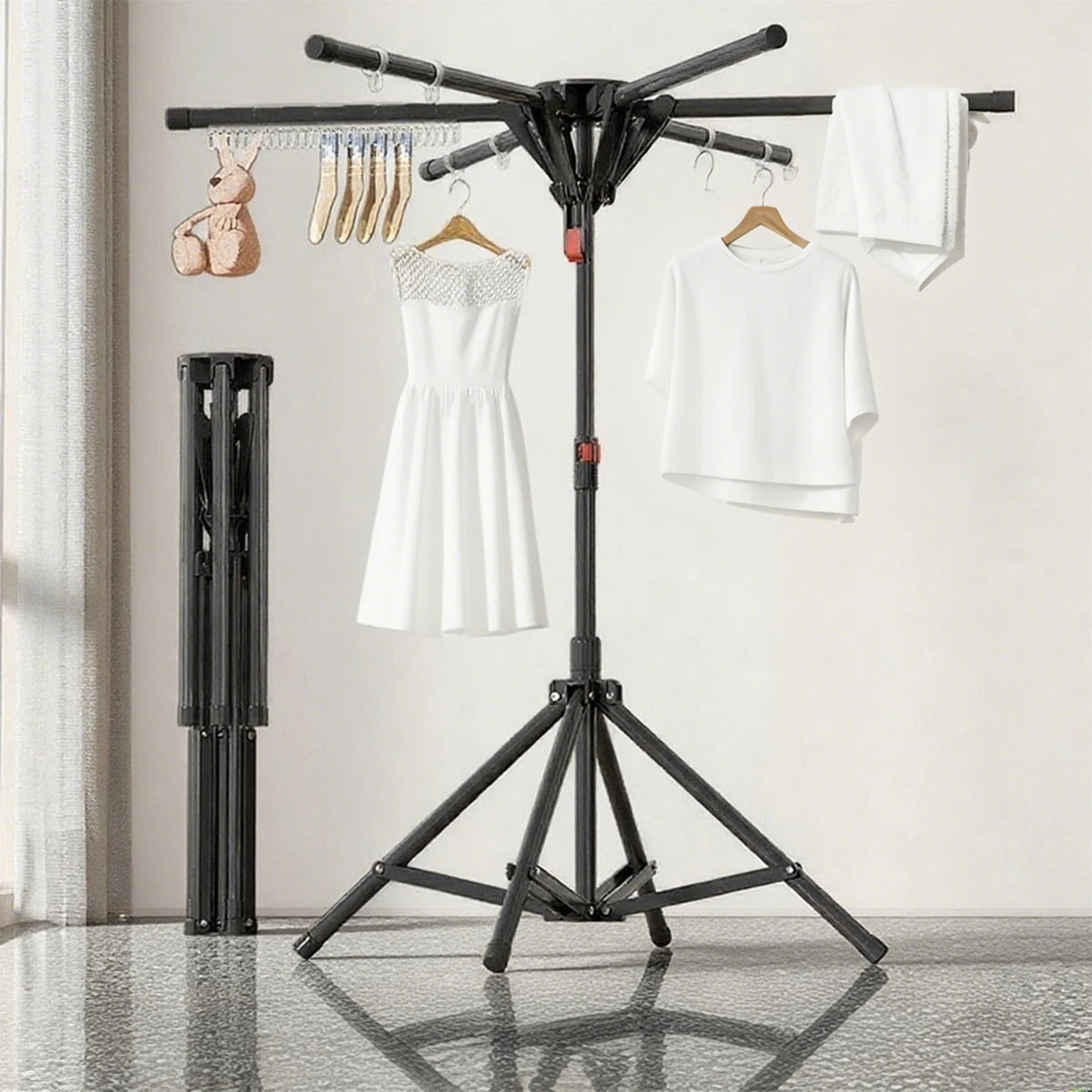Séchoir parapluie pliable sur pied – acier noir 6 bras