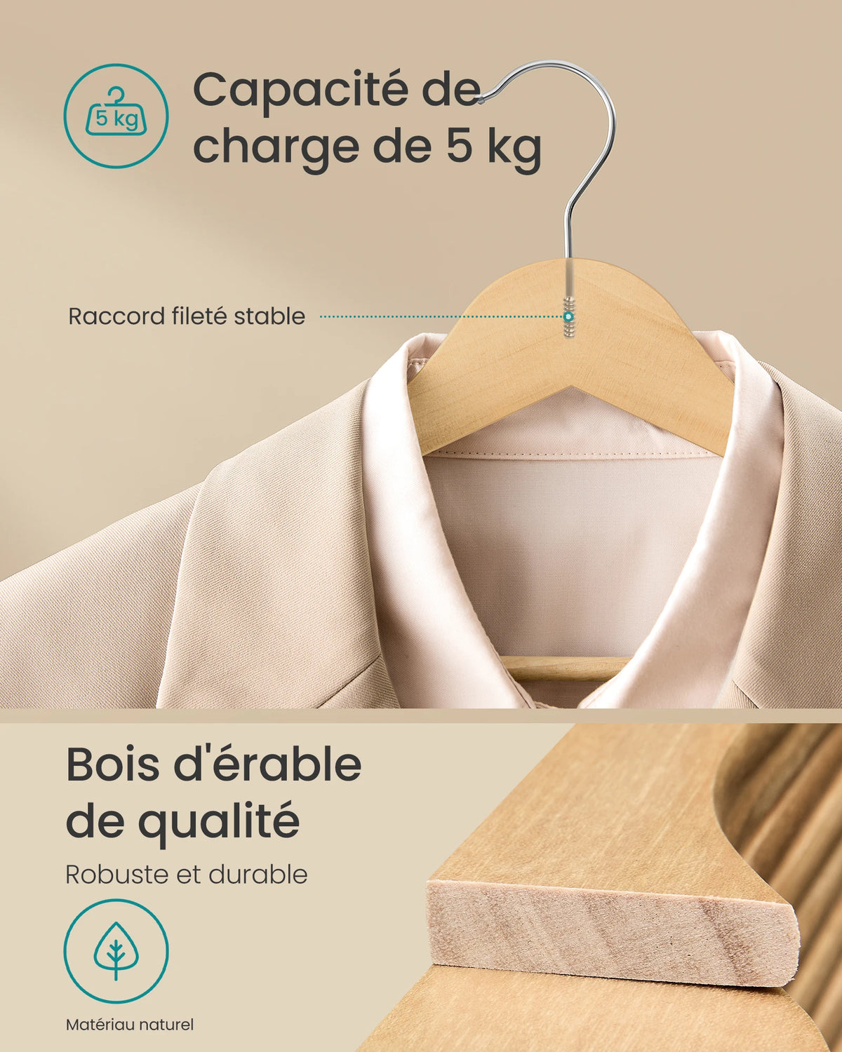 Cintres bois de bouleau slim – lot de 20 naturels SONGMICS