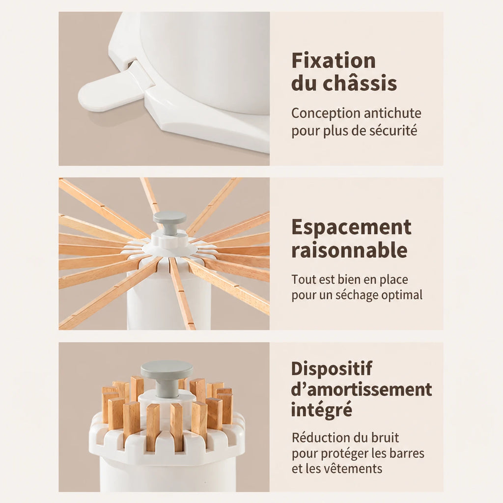 Séchoir parapluie rotatif trépied bois — vue détaillée