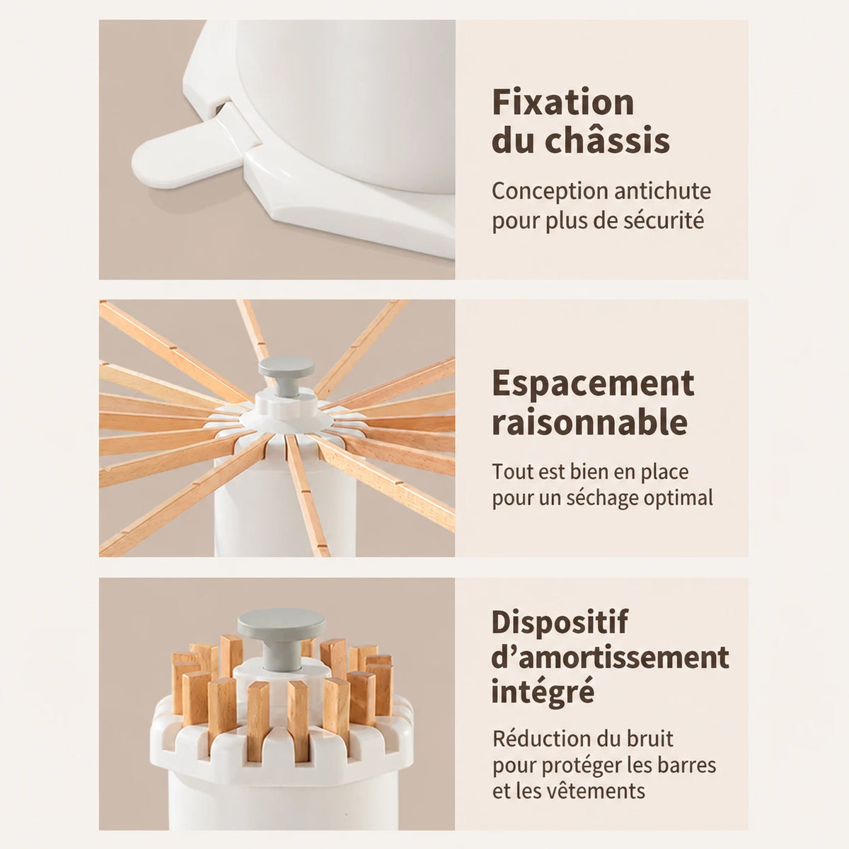 Séchoir parapluie rotatif trépied bois — vue détaillée