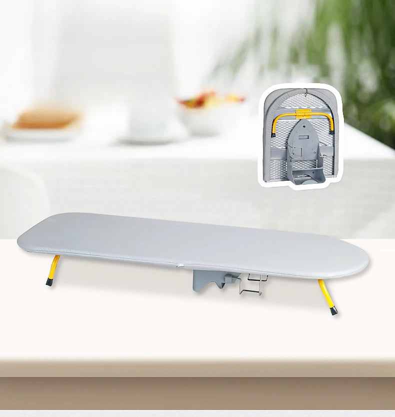 Folding Desktop Ironing Board, Wall-mounted Steel Mesh with Iron Stand, Space Saving, Convenient Laundry Hooks