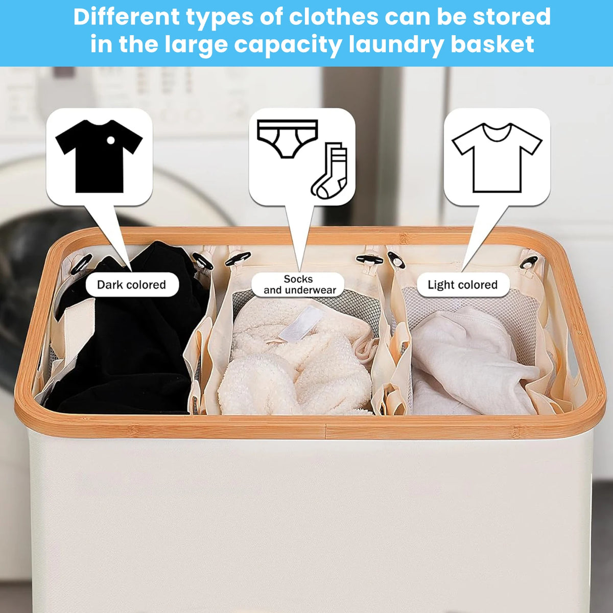 Panier à linge 3 compartiments sac amovible lavable – 160L