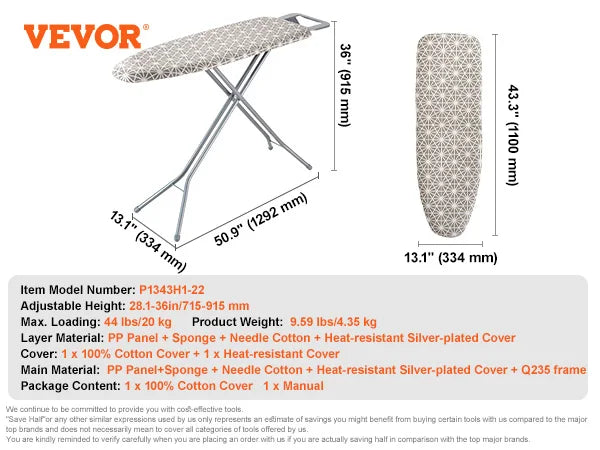 SucceBuy Full Size Ironing Boards 4/3 Layers Heat Resistant Height Adjustable Foldable Legs with Removable and Washable Cover