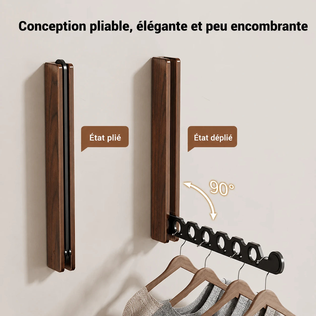 Étendoir mural bois pliable invisible — vue 3
